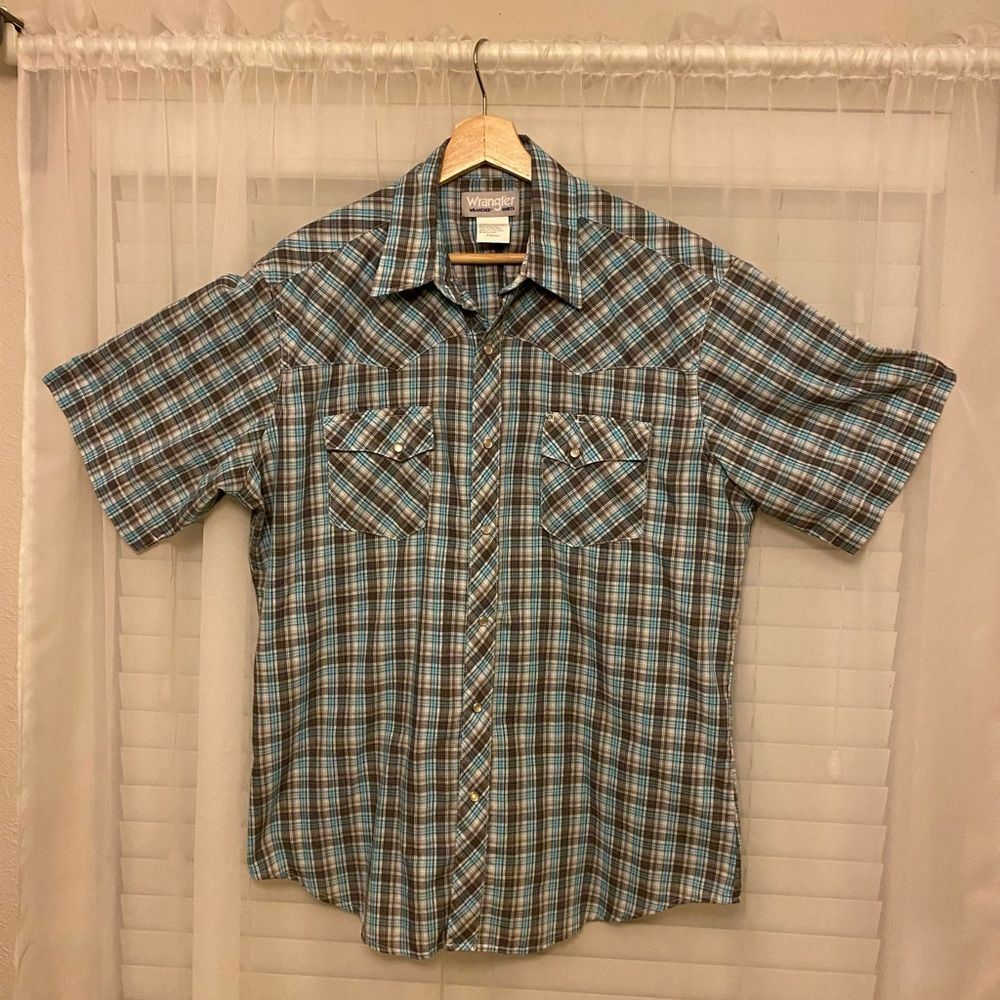 Wrangler Men's Blue gray Plaid Pearl Snap Short Sleeve Wrancher Shirt Large